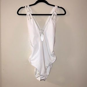 NWT white Becca onepiece bathing suit with crisscross back and removable cups